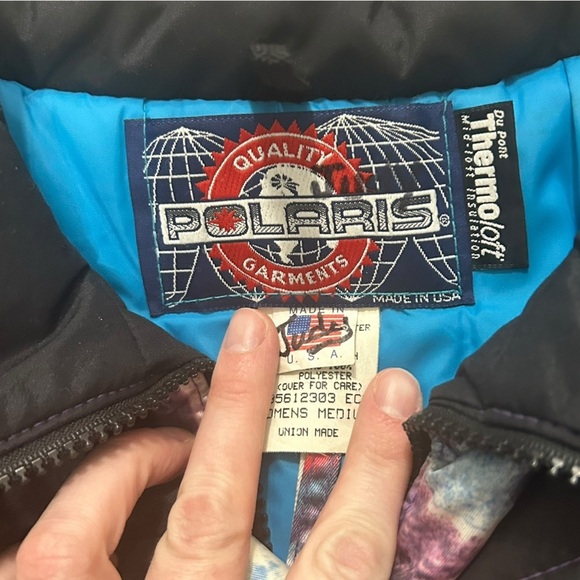 Vintage Polaris Snowmobile Puffer Jacket Thermoloft Belted Abstract Print size M - Picture 7 of 15